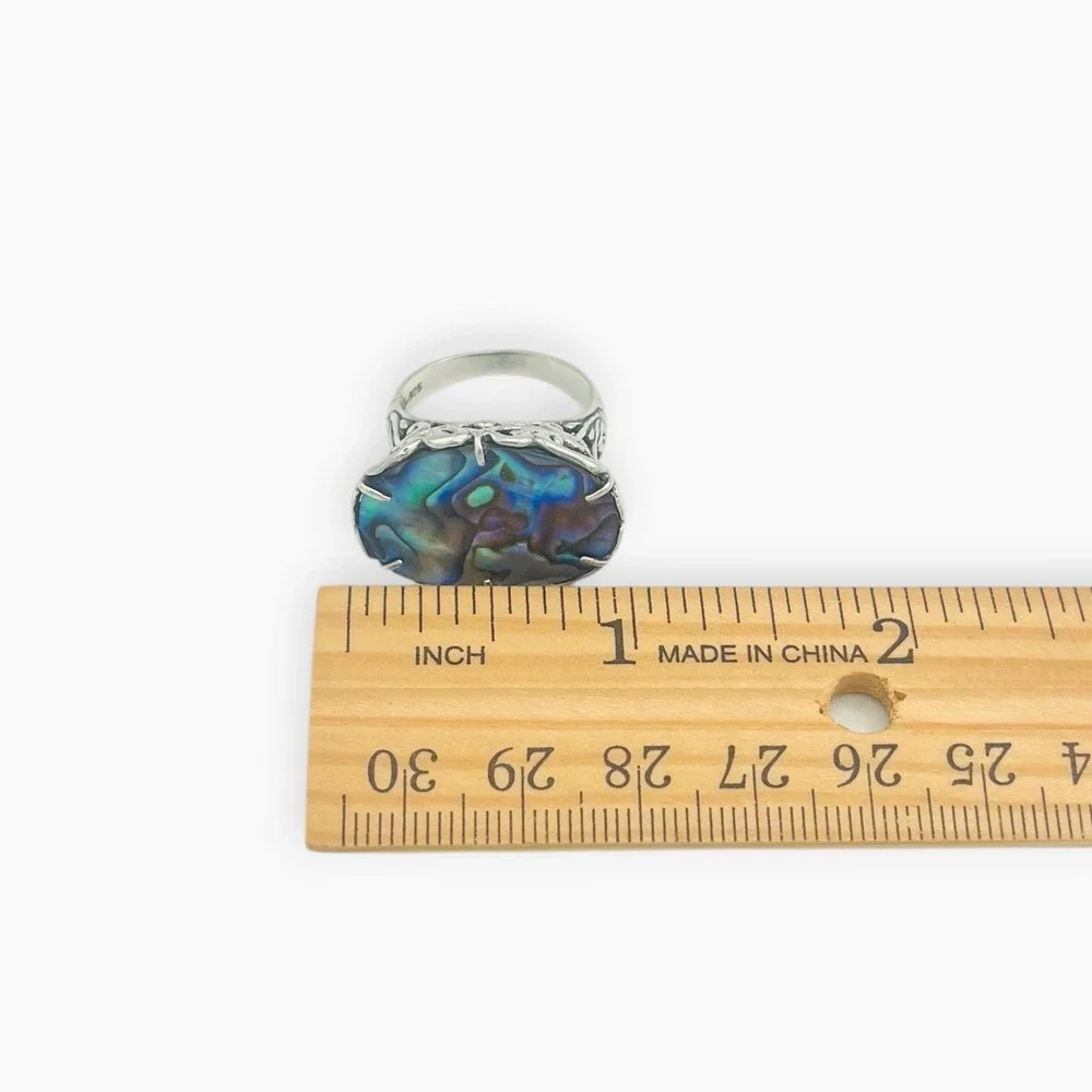 G 925 Sterling Silver Ring Large Abalone Paua Shell Scrollwork Raised Sz 7.75